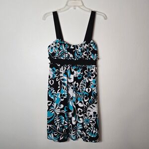 Vtg Y2K Love Tease Floral Babydoll Mini Dress Black Turquoise Med Made in USA
